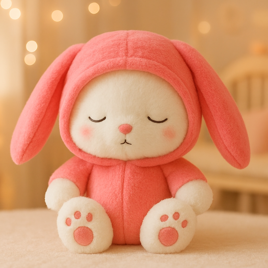 DreamBunny - conejito de peluche súper suave envuelto en capucha de fresa en una habitación acogedora con luces